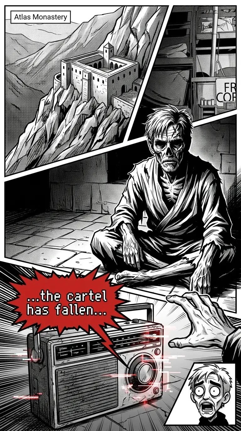 Black and white manga panel showing an aged man in robes sitting indoors with a radio, dramatic speech bubble stating the cartel has fallen, with Atlas Monastery visible in background panel above