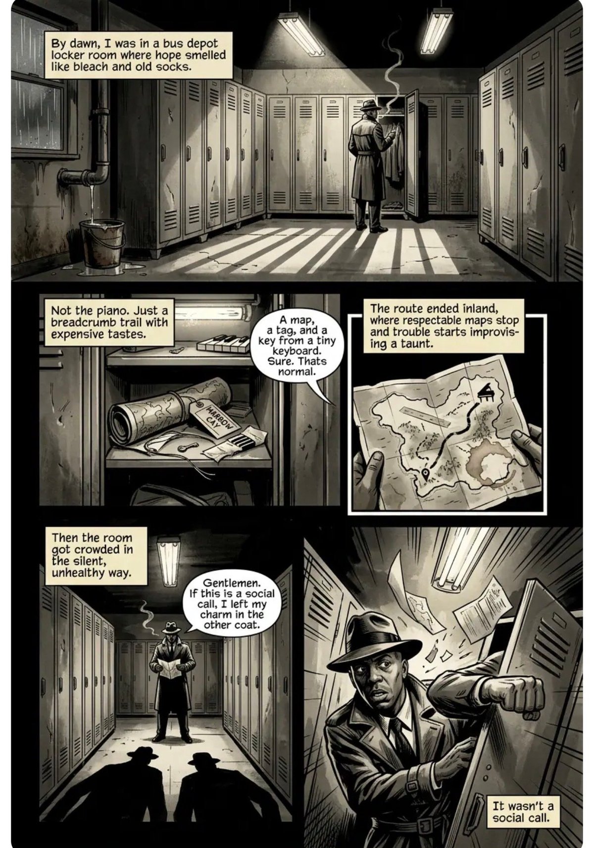 Comic panel showing a man in a bus depot locker room discovering a map and encountering other men, rendered in noir black and white art style