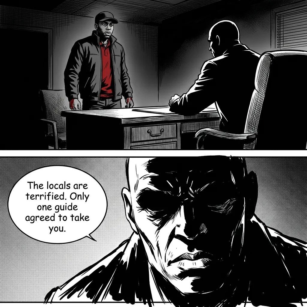 Black and white comic panel showing two men at a desk in a tense conversation, with close-up of one mans face below and speech bubble saying The locals are terrified. Only one guide agreed to take you.
