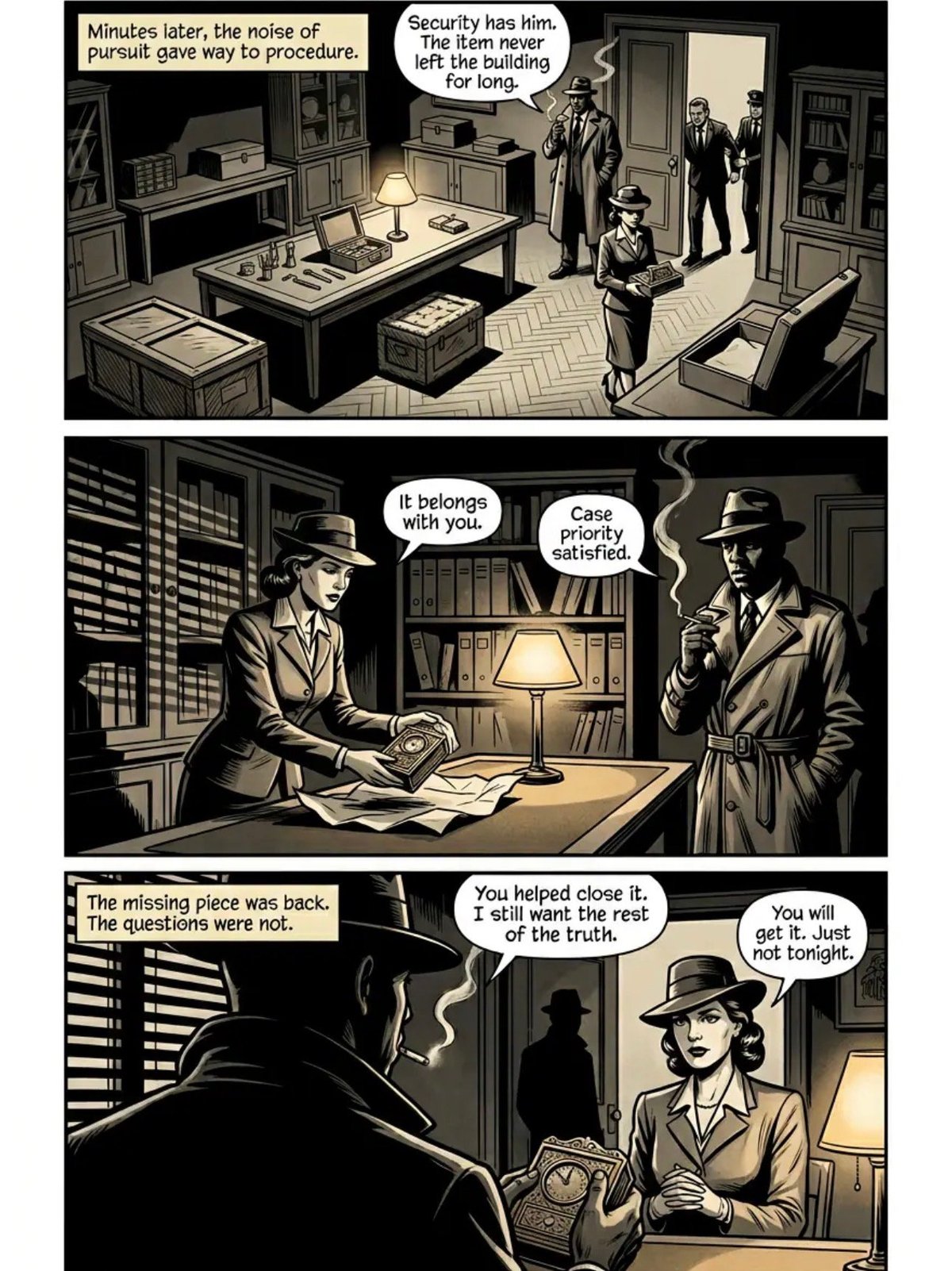 Film noir comic strip showing detectives investigating a missing case in an office, with dialogue between characters in fedoras and trench coats.