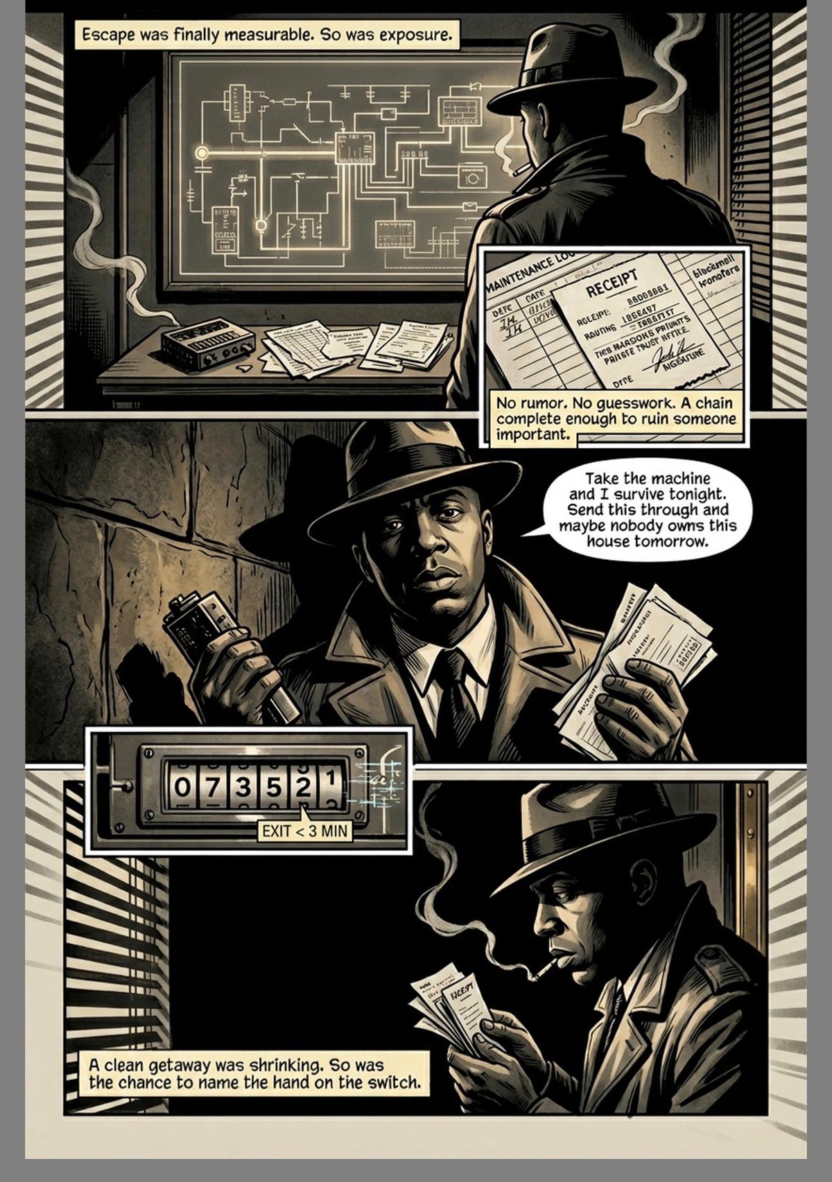 Film noir comic panel showing a detective in a fedora examining a bomb device and blueprints with a countdown timer display