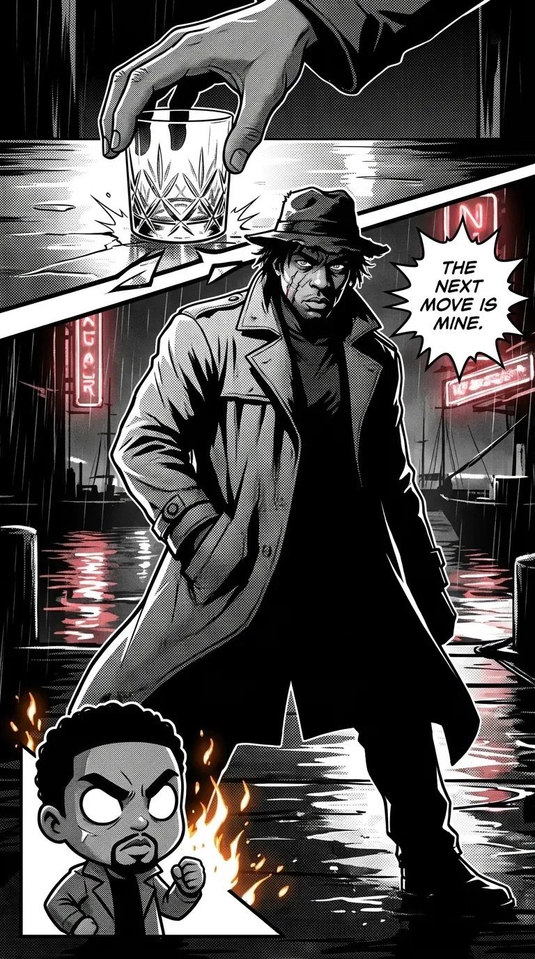 Film noir comic panel showing a fedora-wearing man in a trench coat with a drink above, smaller character with fire below, and speech bubble saying The next move is mine