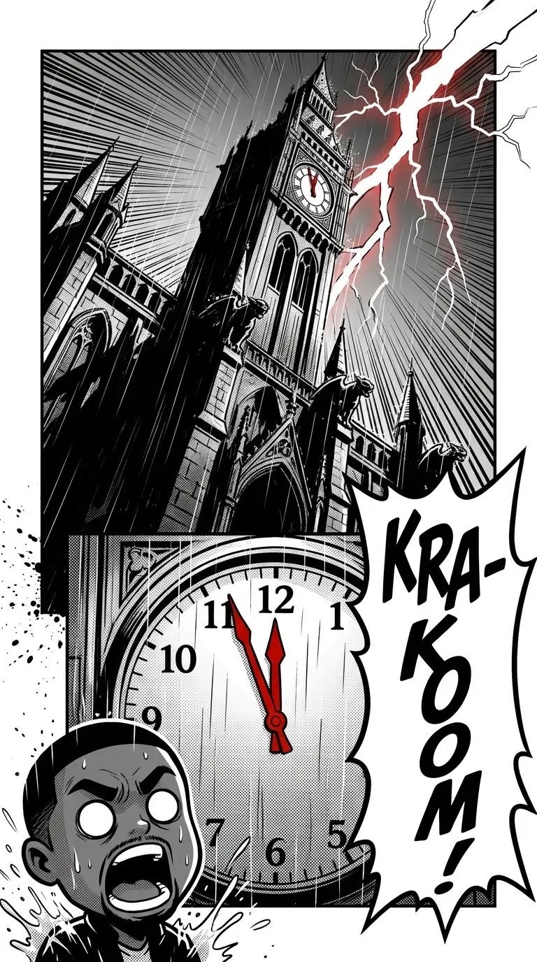 Black and white manga panel showing Big Ben with lightning, a large clock face showing 11:55, and a terrified character's face with sound effect KRAKOOM