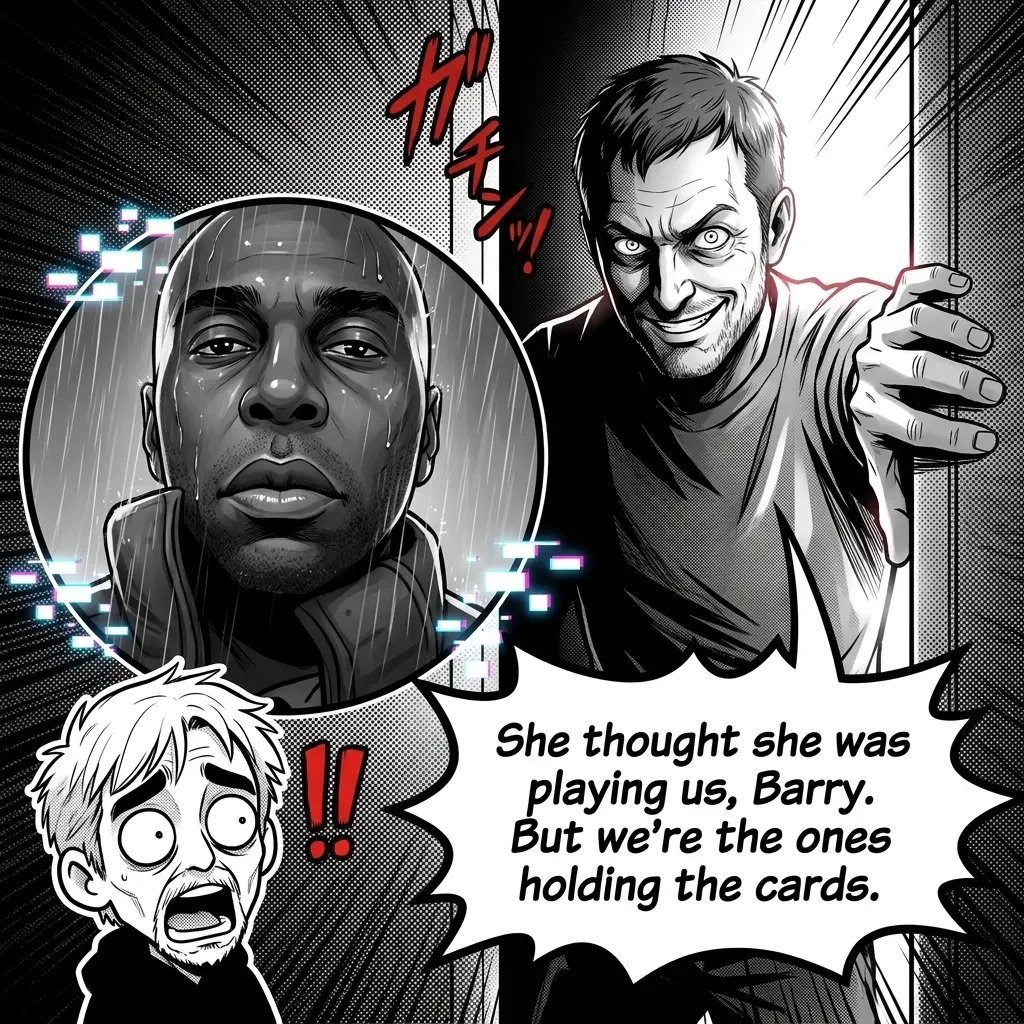 Black and white comic panel showing three characters with dialogue bubble reading She thought she was playing us, Barry. But were the ones holding the cards.