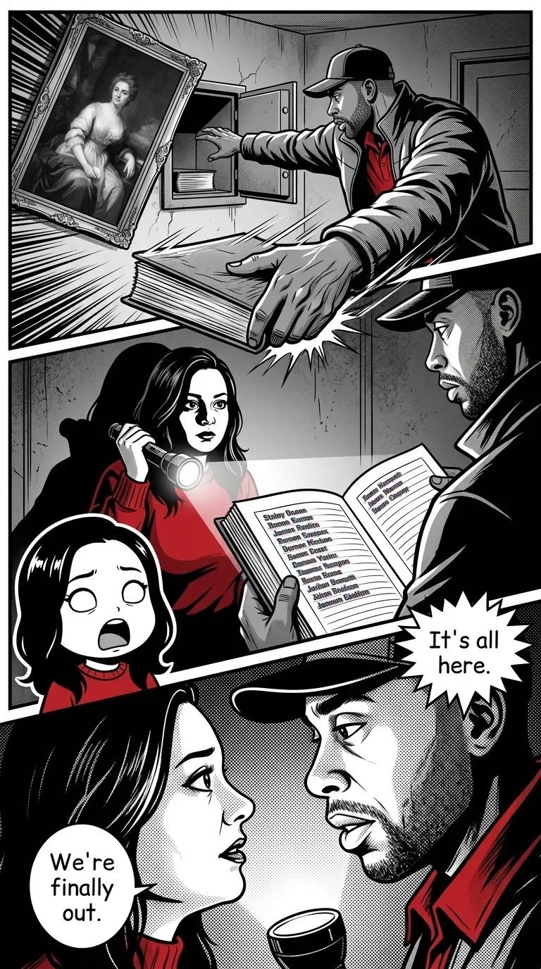 Black and white comic page showing investigators examining documents and a portrait, with characters discussing a breakthrough case