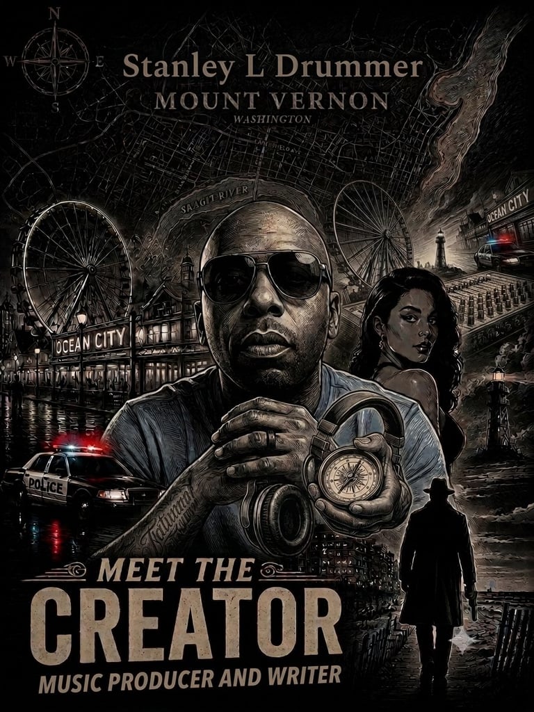 Movie poster for Stanley L Drummer from Mount Vernon showing a man with sunglasses holding a camera and compass with a woman silhouette, police car, and cityscape background.
