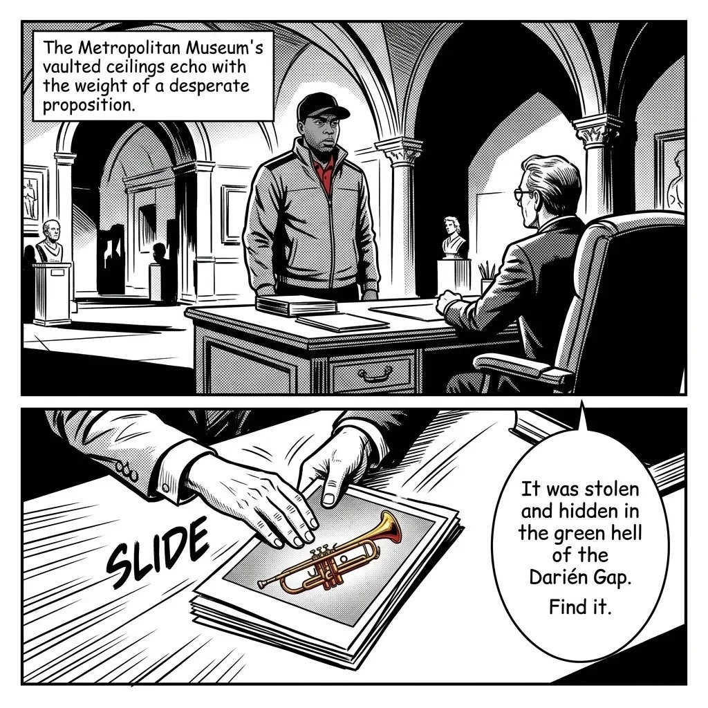 Comic panel showing two men in a museum office discussing a stolen artifact. A hand slides a photograph of a golden trumpet across a desk with text describing its theft from Darien Gap.