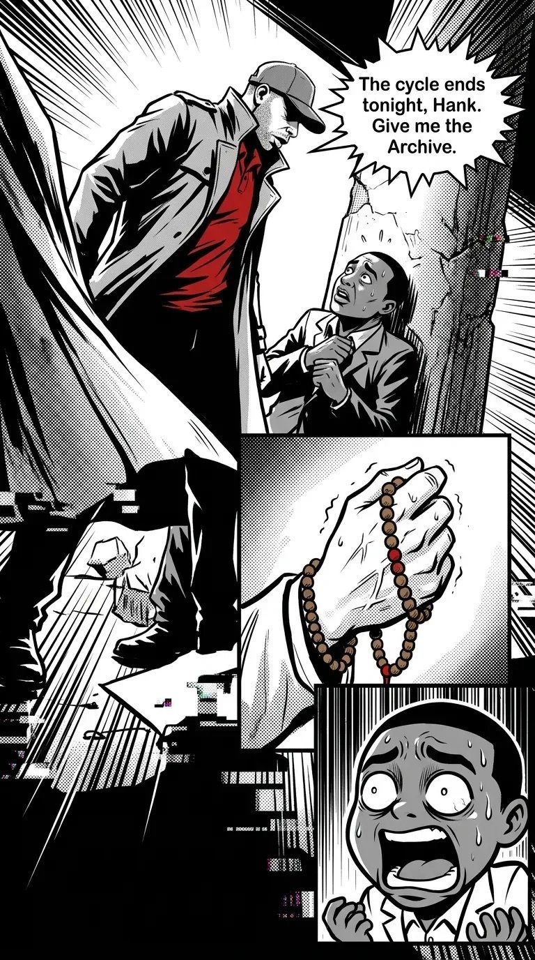 Black and white manga panel showing a menacing figure demanding an archive from a frightened man, with closeups of prayer beads and an anguished face