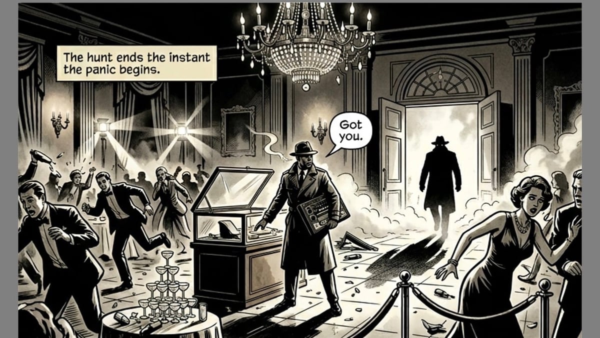 Black and white comic panel showing a dramatic ballroom chase scene with silhouetted figures, chandeliers, and text bubbles about a hunt beginning