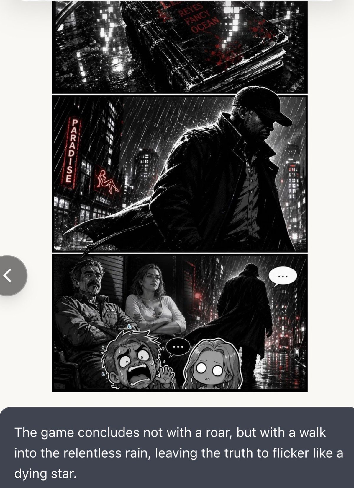 Black and white noir comic panels showing a man in rain-soaked city streets with neon signs and other figures, ending with shocked cartoon faces