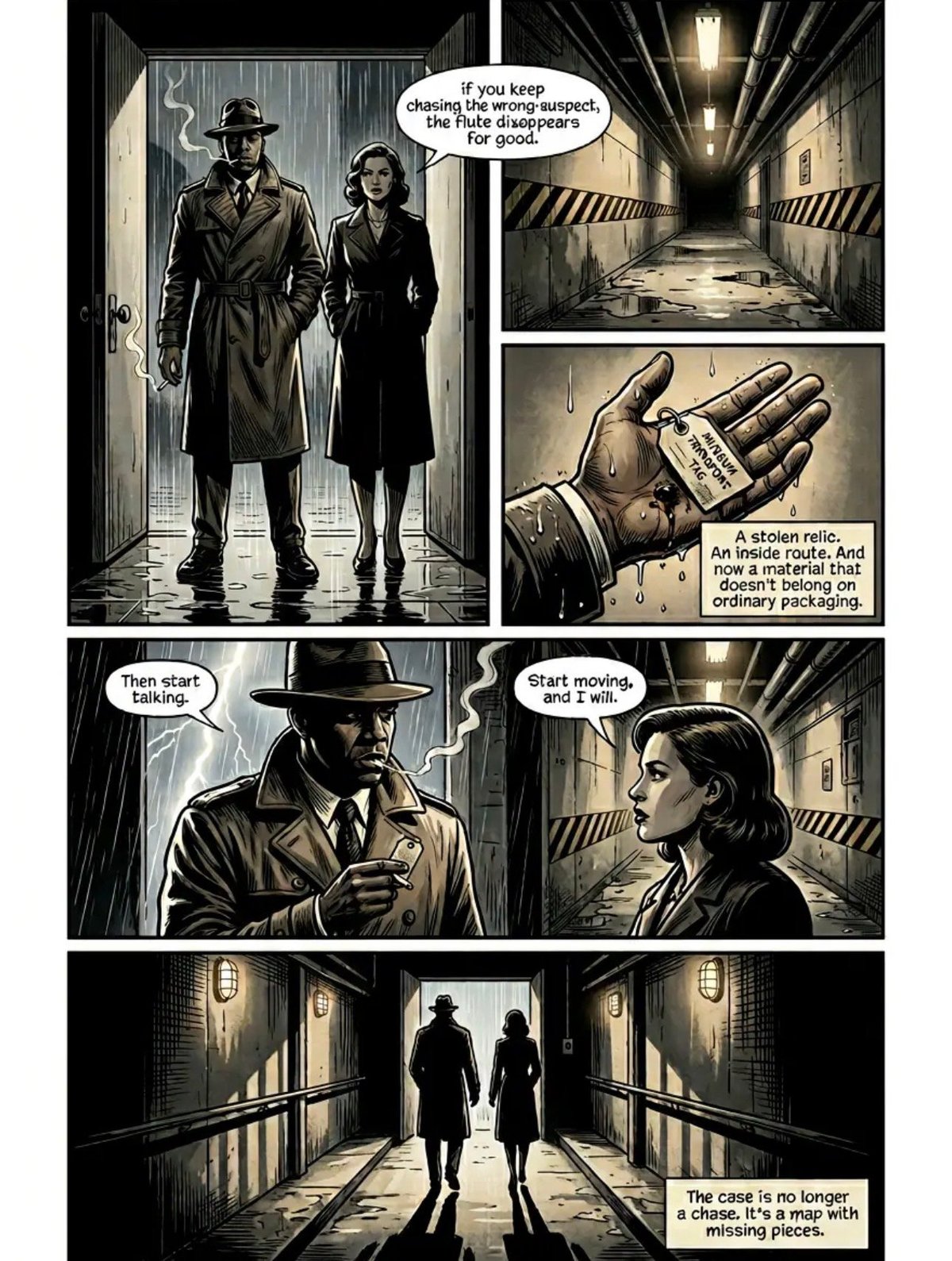 Noir comic strip showing two agents discussing a stolen relic in a warehouse, with panels depicting dialogue and their silhouettes walking through dark corridors.