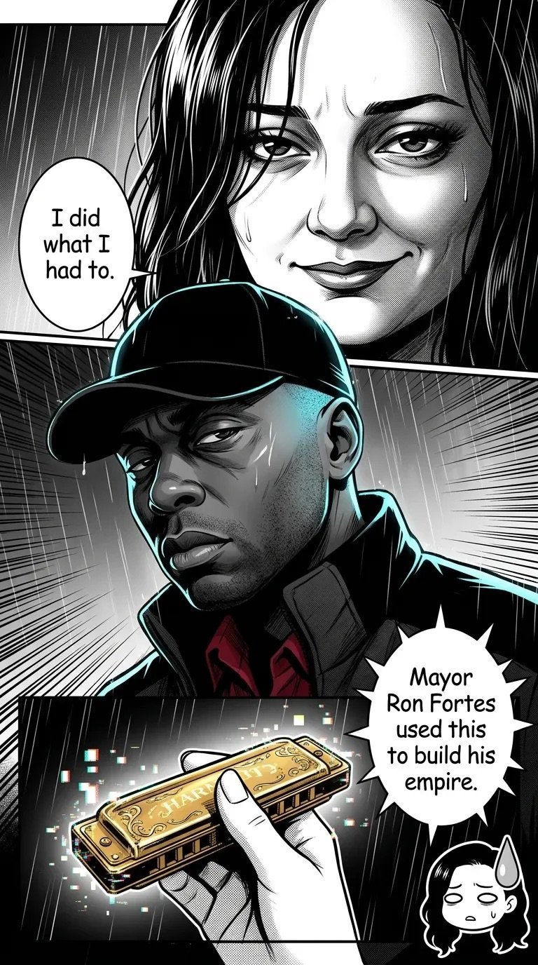 Manga-style comic panel showing a woman saying I did what I had to, a man in a cap with text about Mayor Ron Fortes using something to build his empire, and a close-up of hands holding a gold harmonica.