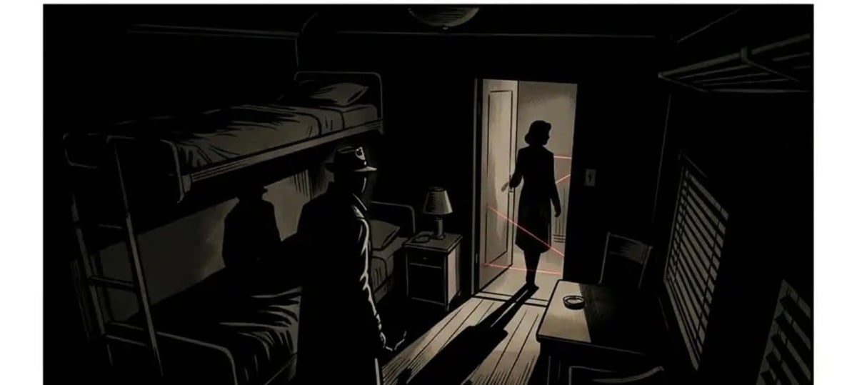 Silhouetted figure standing in doorway of dark dormitory room with bunk beds and another person lying down