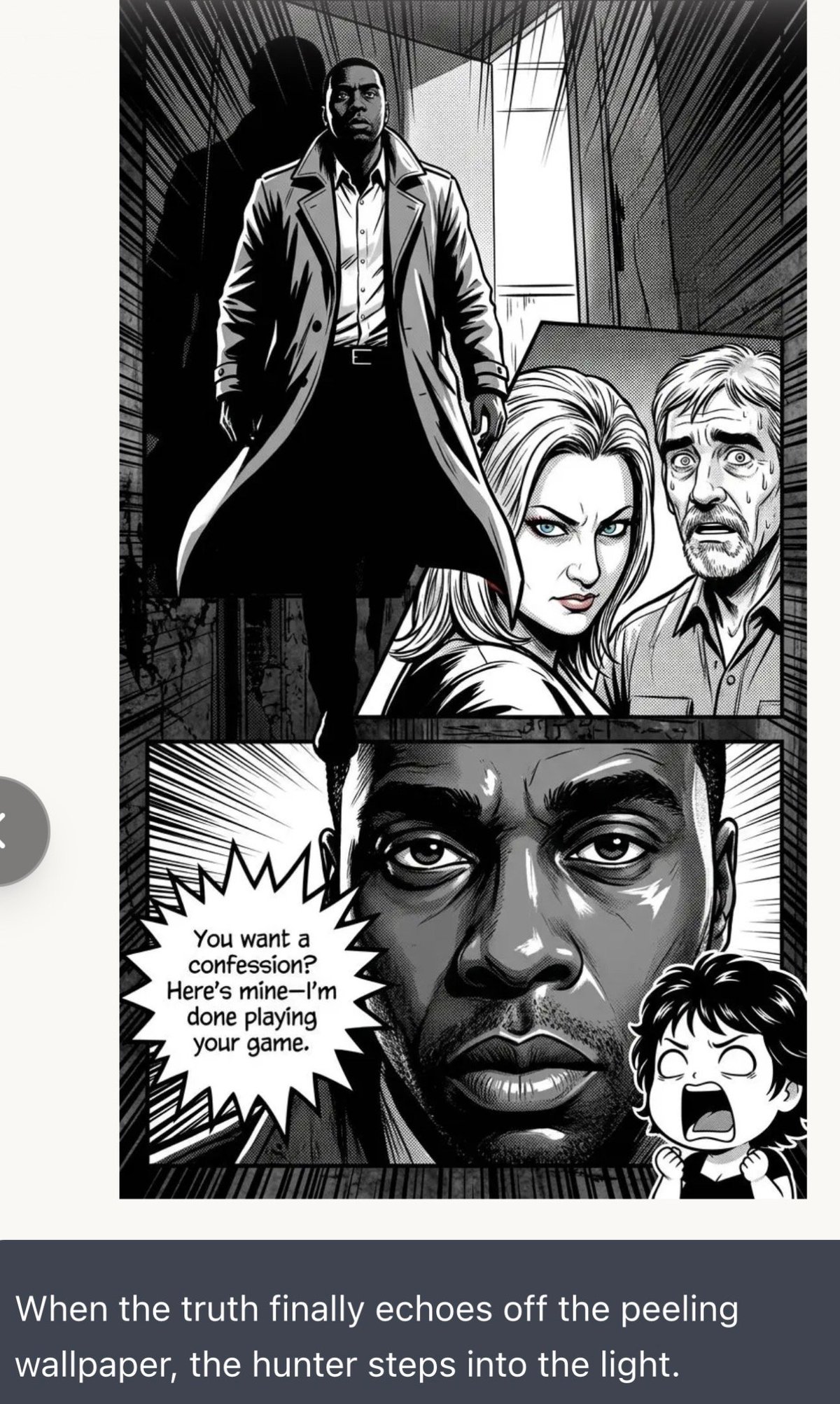 Black and white comic panel showing a man in a coat walking through a hallway with three faces surrounding him and a speech bubble saying You want a confession