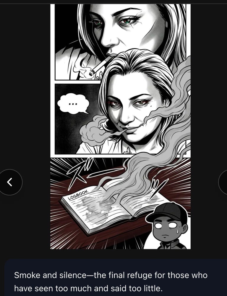 Black and white manga-style comic page showing two women and an open notebook, with quote about smoke and silence below