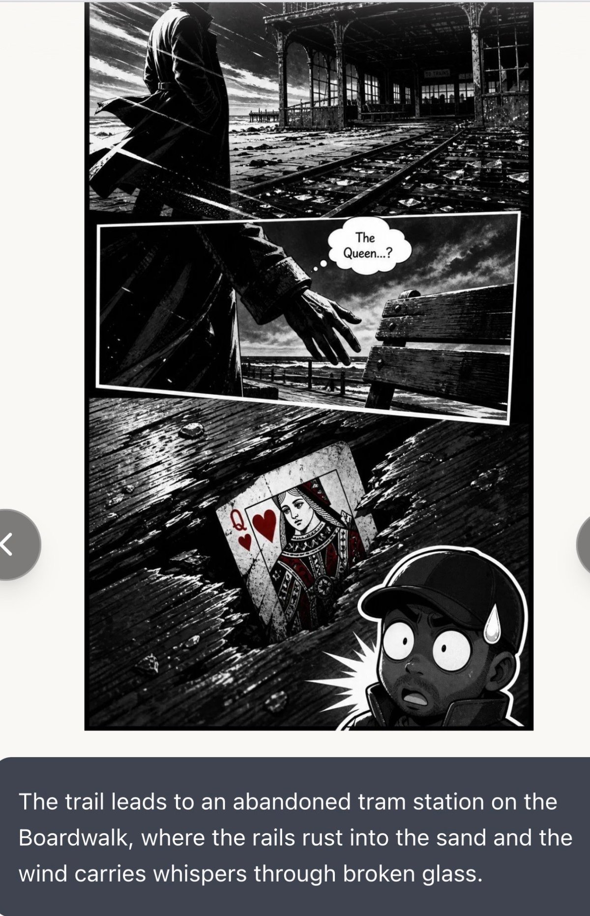 Black and white manga panel showing a mysterious figure in an abandoned tram station with playing cards and a shocked characters face