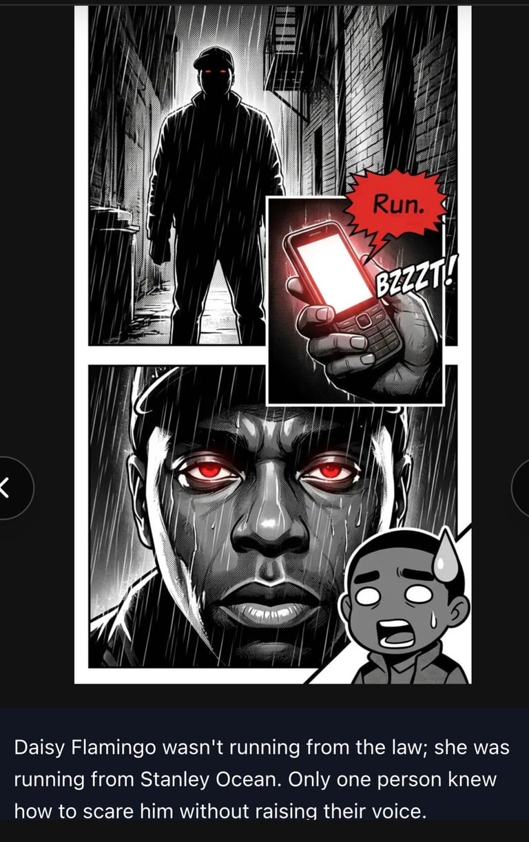 Black and white comic panel showing a figure in the rain, a hand holding a glowing phone with Run and BZZZZT text, and a character with glowing red eyes and a small demon figure