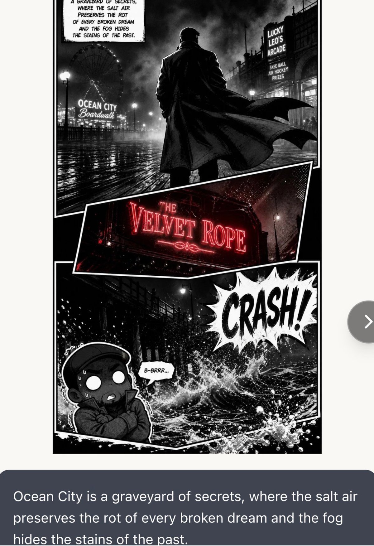 Black and white comic book style page showing silhouetted figure in coat with glowing Velvet Rope neon sign and crash sound effect below