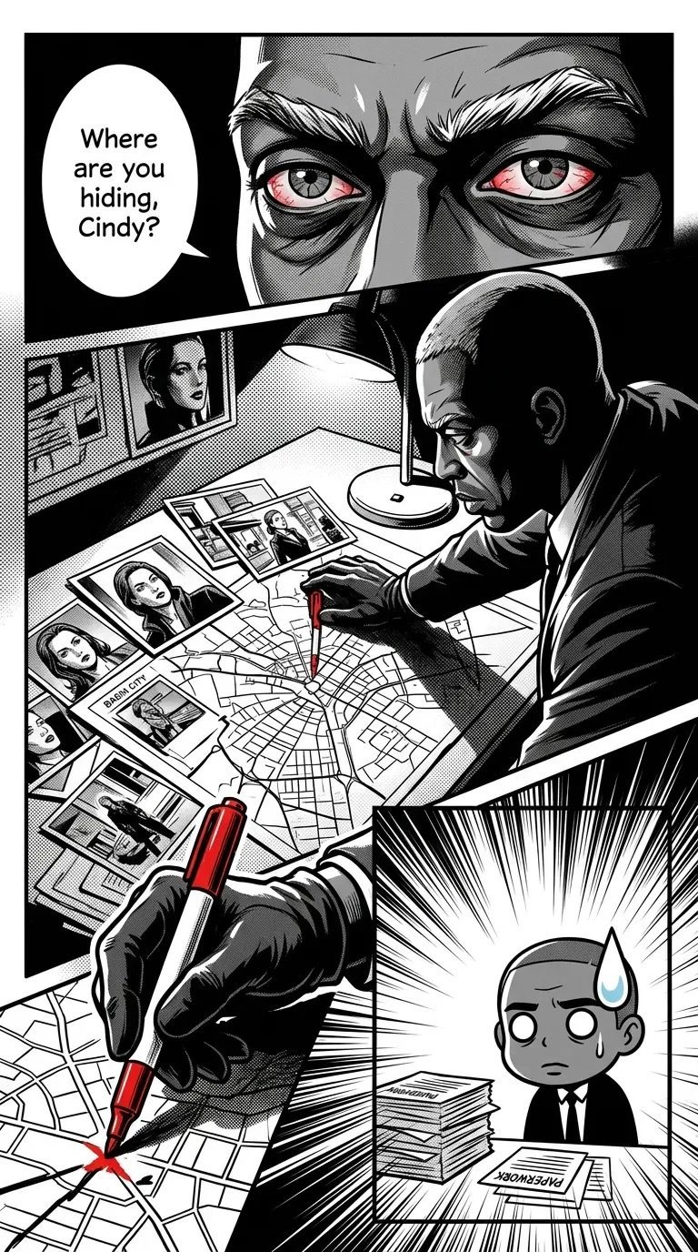 Black and white manga panel showing a man searching a map with red marker while a menacing figure looms above asking Where are you hiding, Cindy