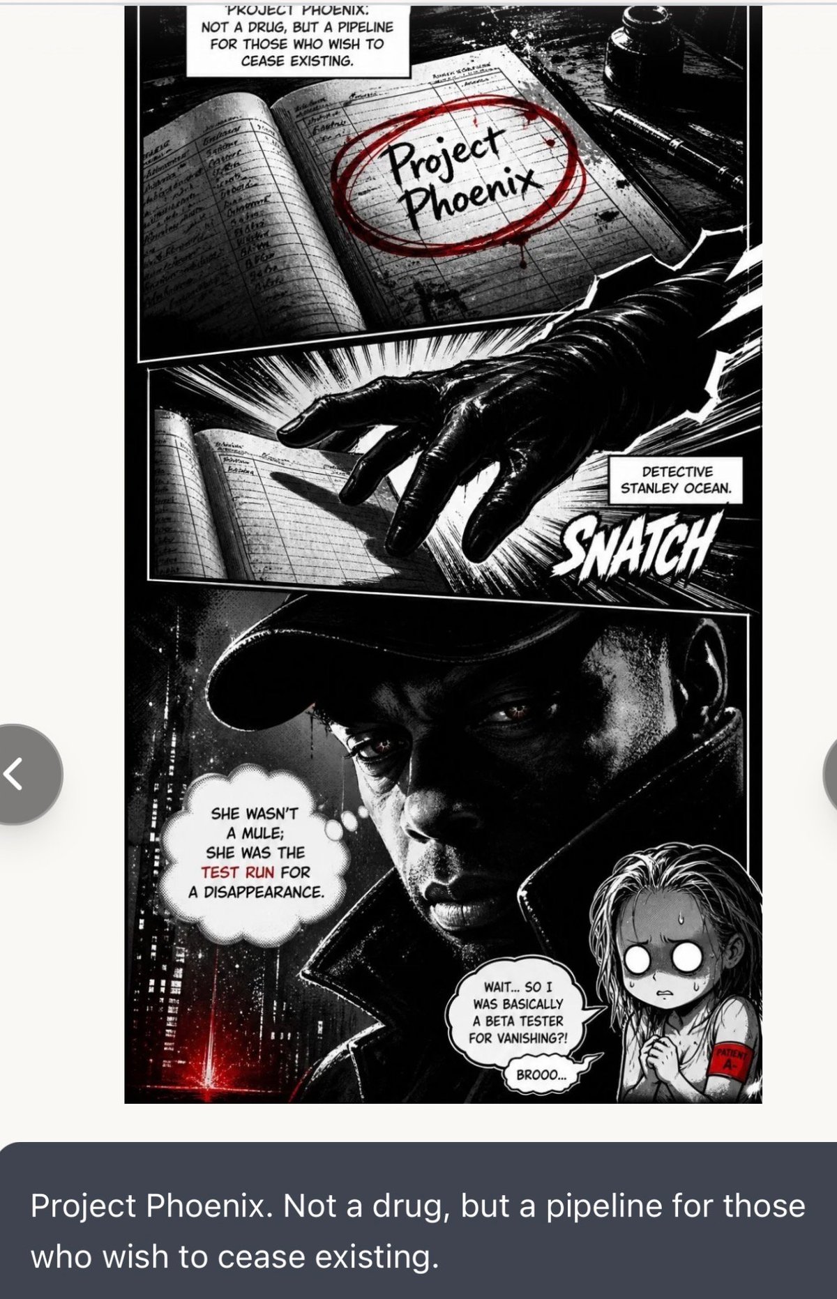 Black and white comic panel showing a detective discovering a document labeled Project Phoenix with red circling, followed by scenes of an investigator in shadow and a character discussing a disappearance.