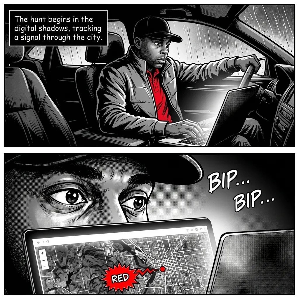 Black and white comic panels showing a man in a car tracking a digital signal on a laptop, with close-up of intense eyes and a map display