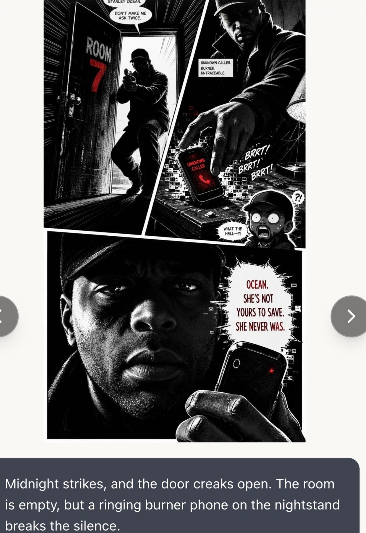 Black and white comic panel showing a man in a hat receiving a phone call in a dark room, with action sequences and dialogue bubbles above
