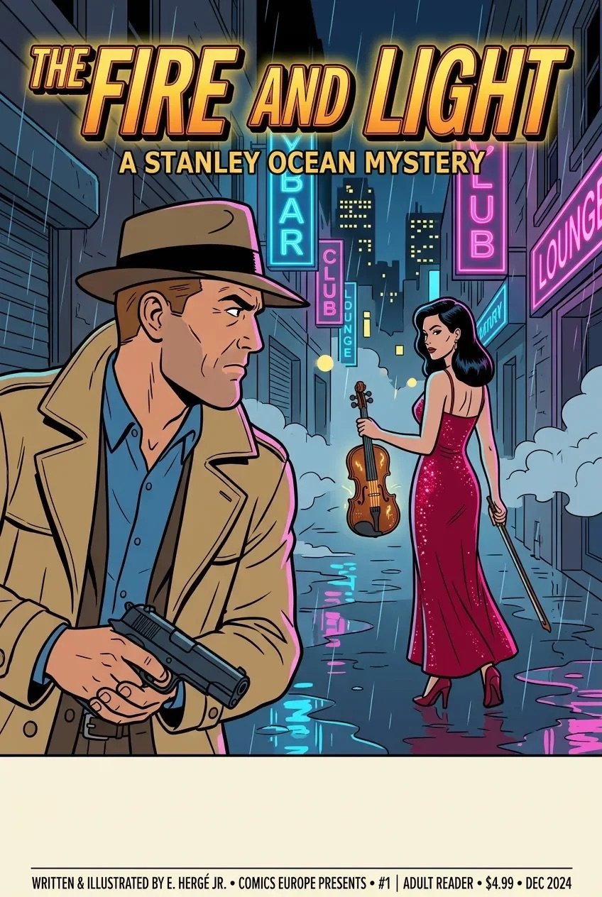 Comic book cover for The Fire and Light, a Stanley Ocean mystery. Man in trench coat with gun and woman in red dress with violin stand in neon-lit city street