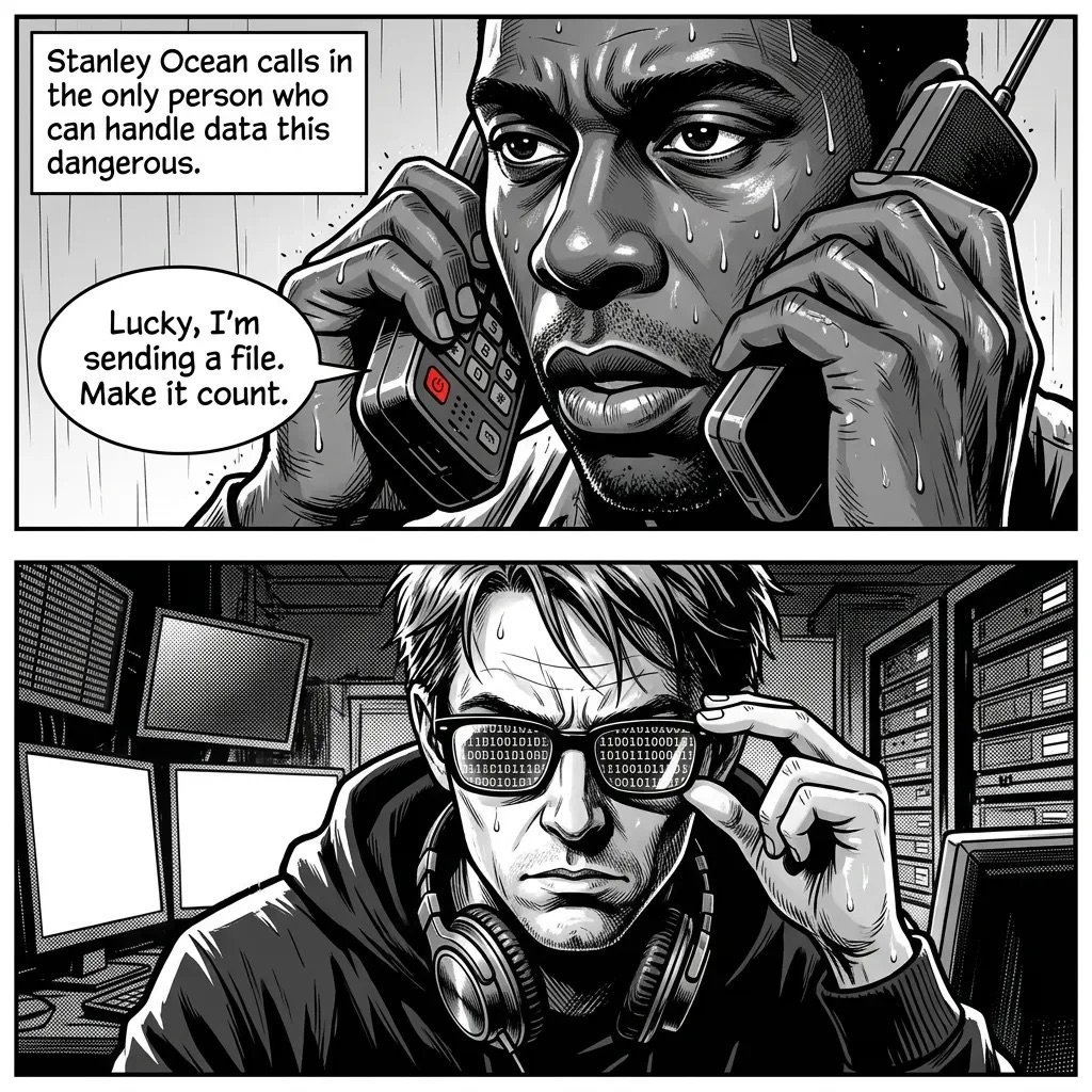 Black and white comic panels showing two men in conversation via phone about dangerous data, in a spy thriller style