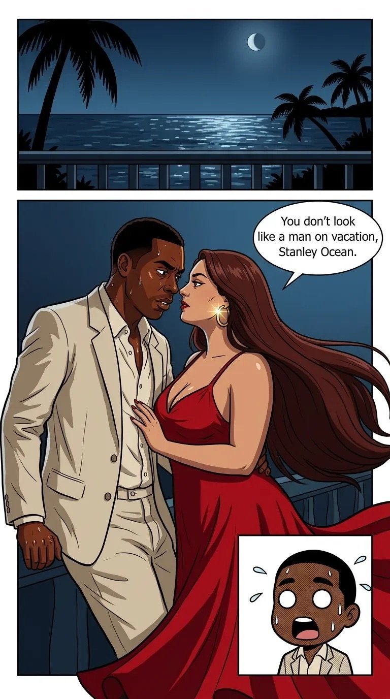 Comic panel showing a man in a beige suit and woman in red dress on a balcony overlooking moonlit ocean with palm trees at night