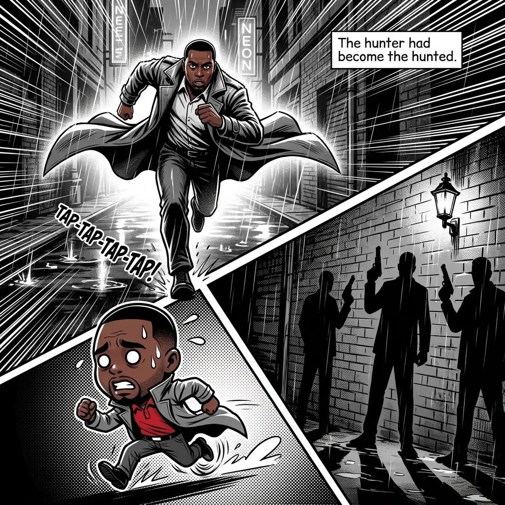 Comic panel showing a man in suit chasing a terrified person running through urban streets with silhouettes watching below. Text reads The hunter had become the hunted.