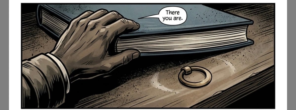 Illustration of a hand placing an open book on a wooden surface next to a wedding ring, with speech bubble saying There you are