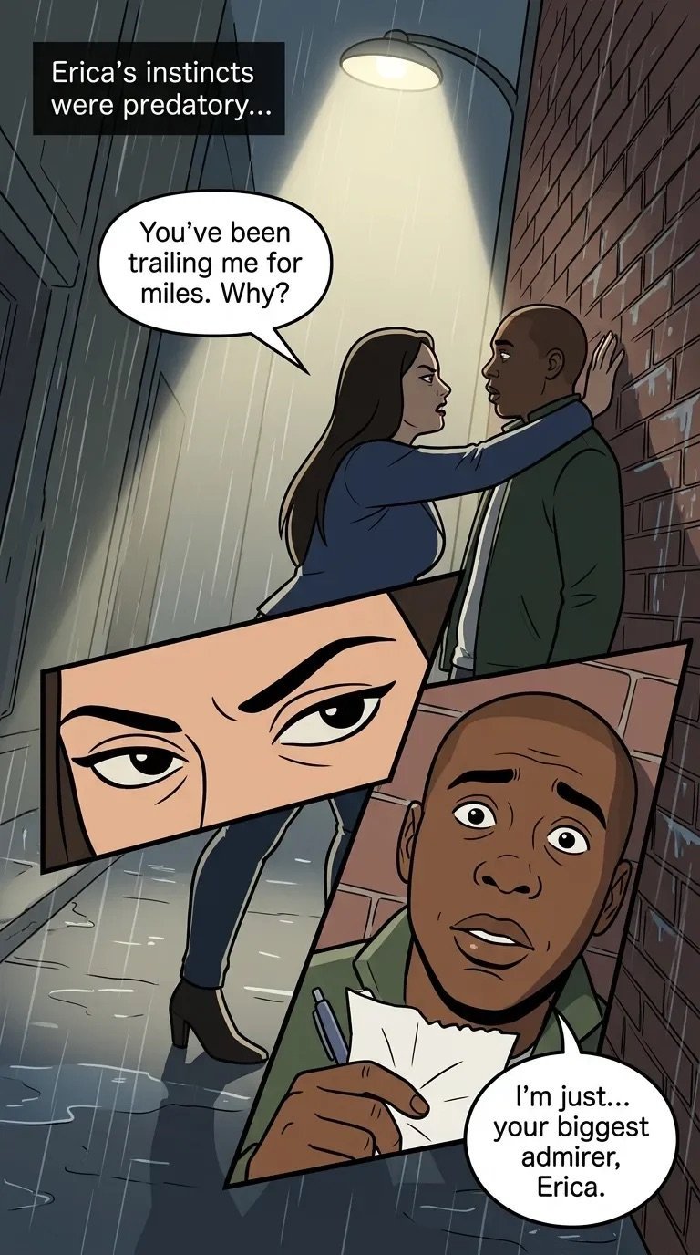 Comic panel showing a woman confronting a man in rainy alley with predatory instincts theme and dialogue about being followed
