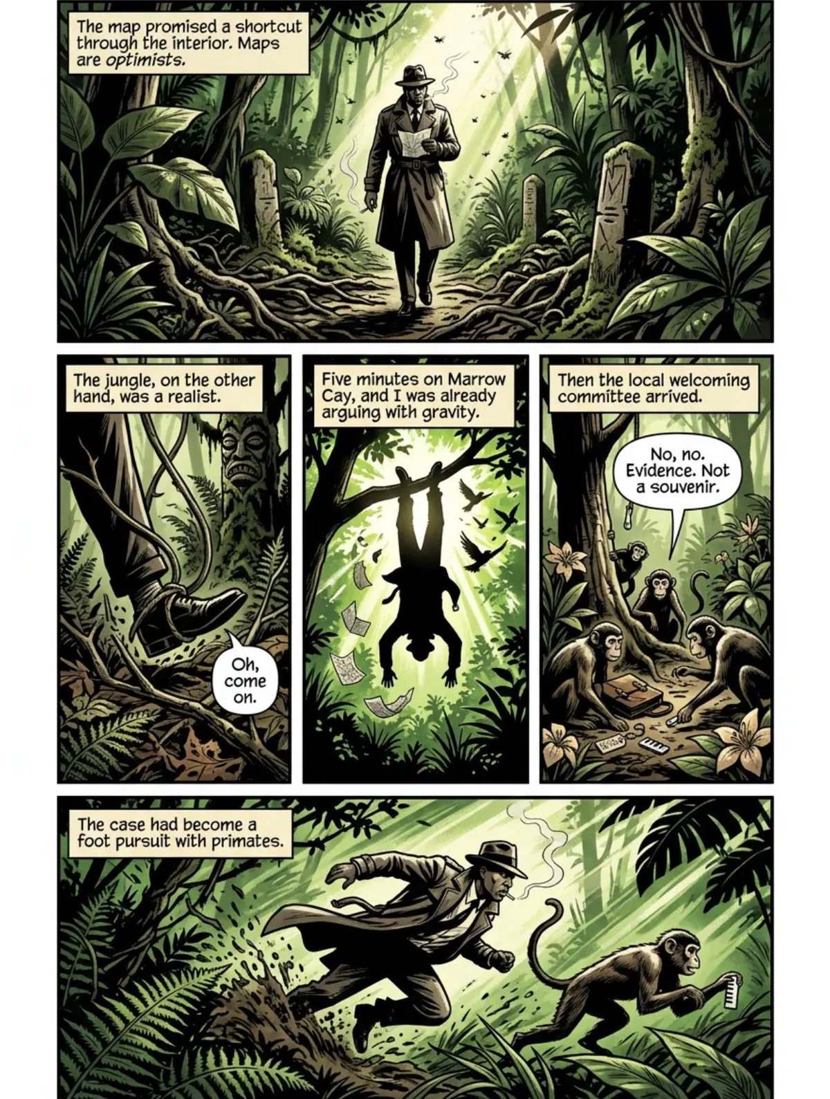 Comic strip depicting a man exploring a jungle with encounters including gravity and primates, rendered in sepia-toned green illustration style