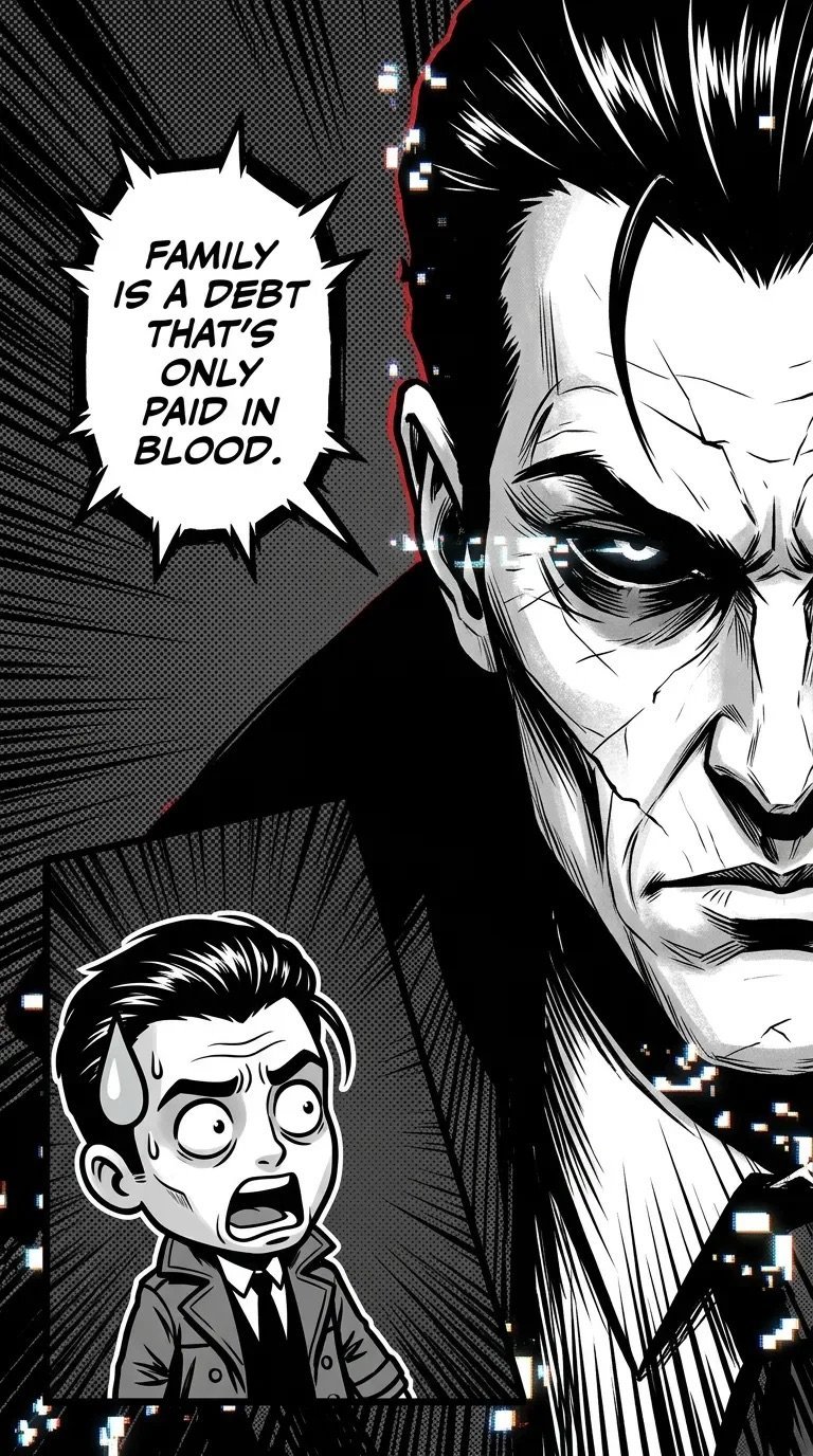 Manga panel showing a menacing man with spiky hair looming over a fearful young boy, with dialogue about family debt paid in blood