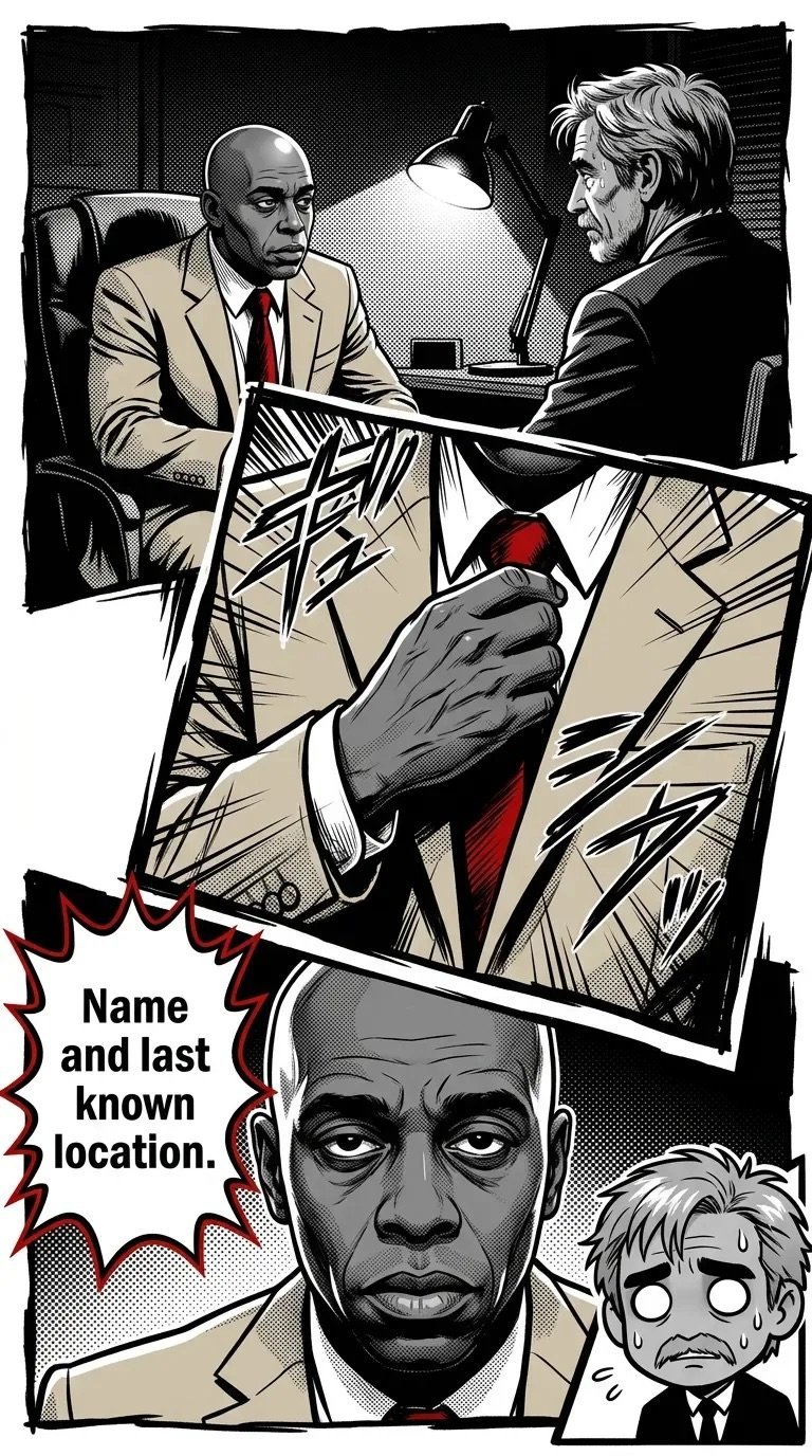 Comic-style noir illustration showing businessmen in an office confrontation, with speech bubble saying Name and last known location