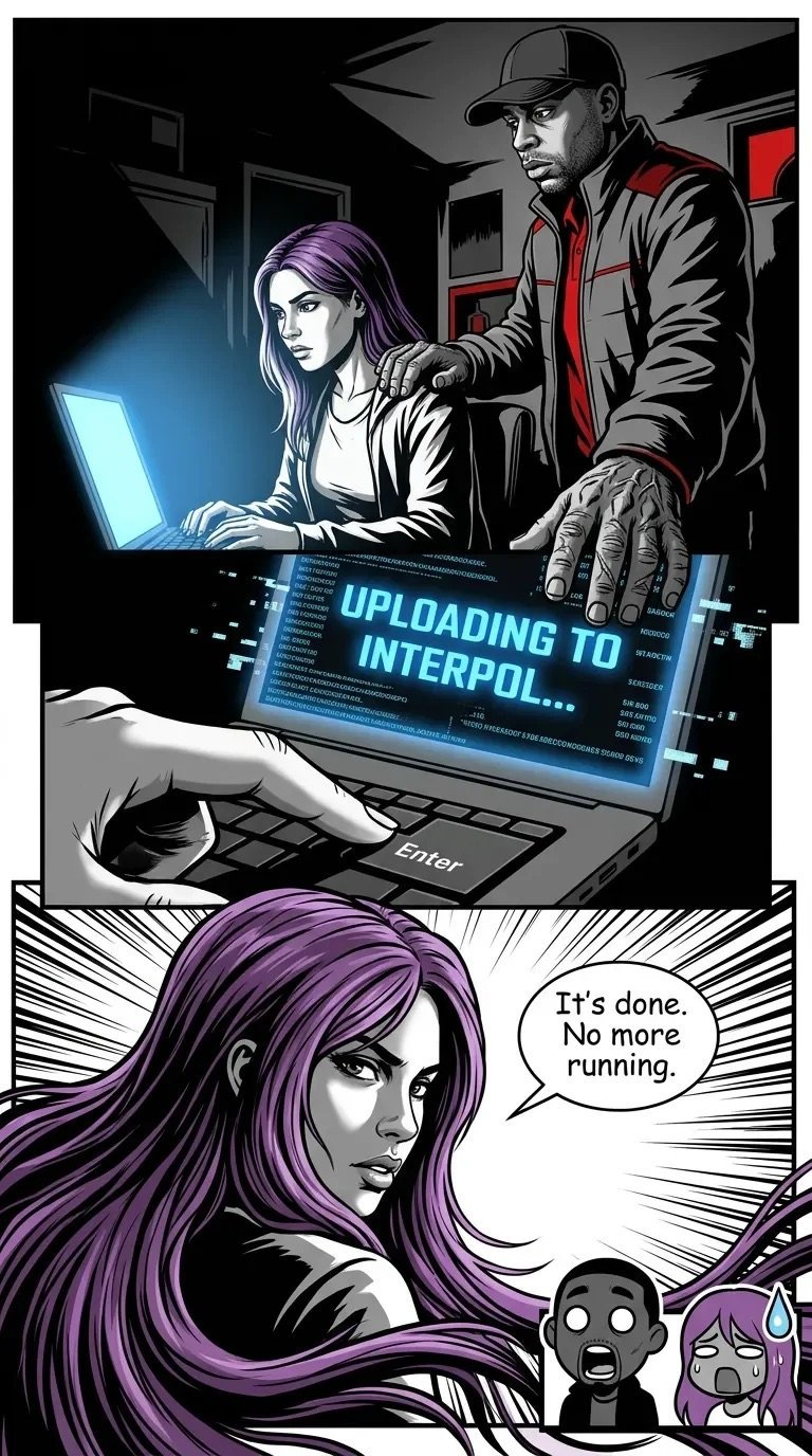 Comic panel showing two people uploading data to Interpol on a laptop, and a woman with purple hair saying Its done. No more running.