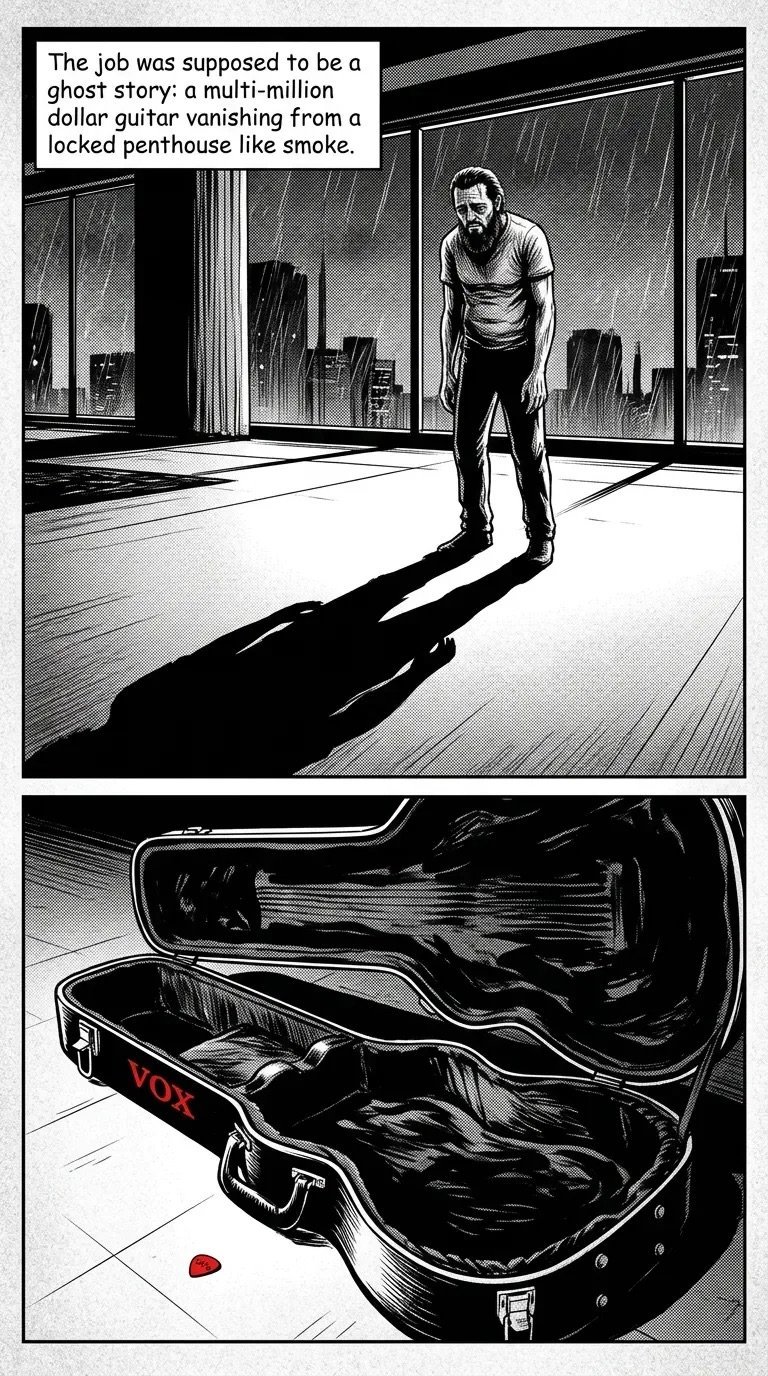 Black and white comic panel showing a man in a penthouse looking at an empty guitar case with a small red object inside