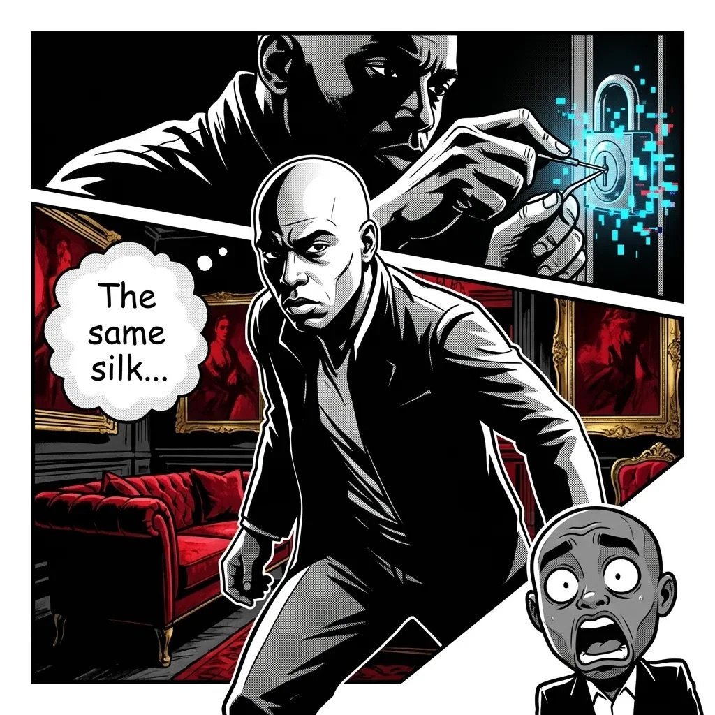 Comic book style illustration of bald man in suit saying The same silk... with threatening figure above and shocked man below