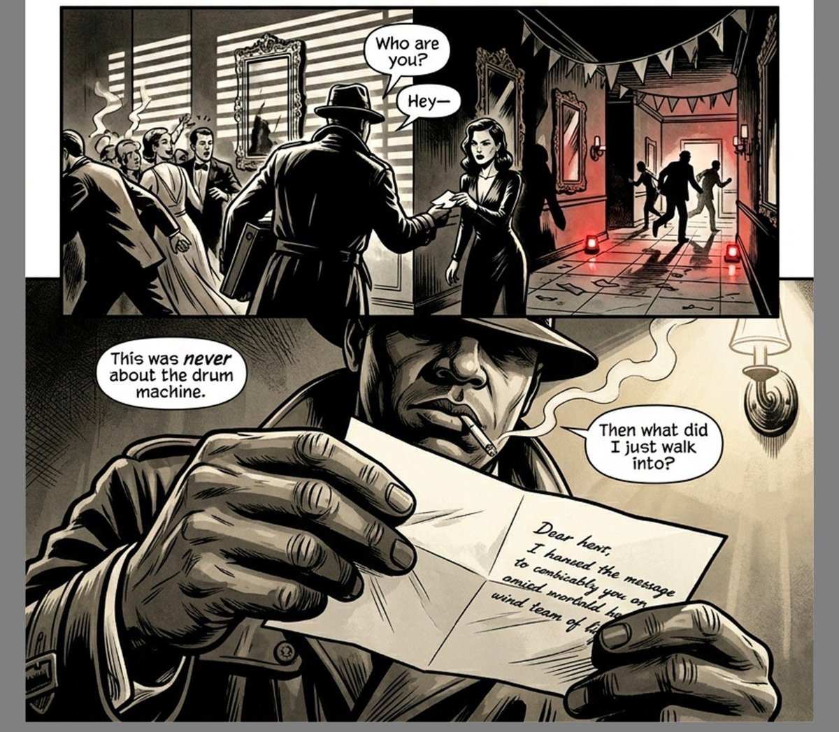 Noir comic panel showing a man in a fedora holding a letter, with flashback scenes of confrontation and interrogation above