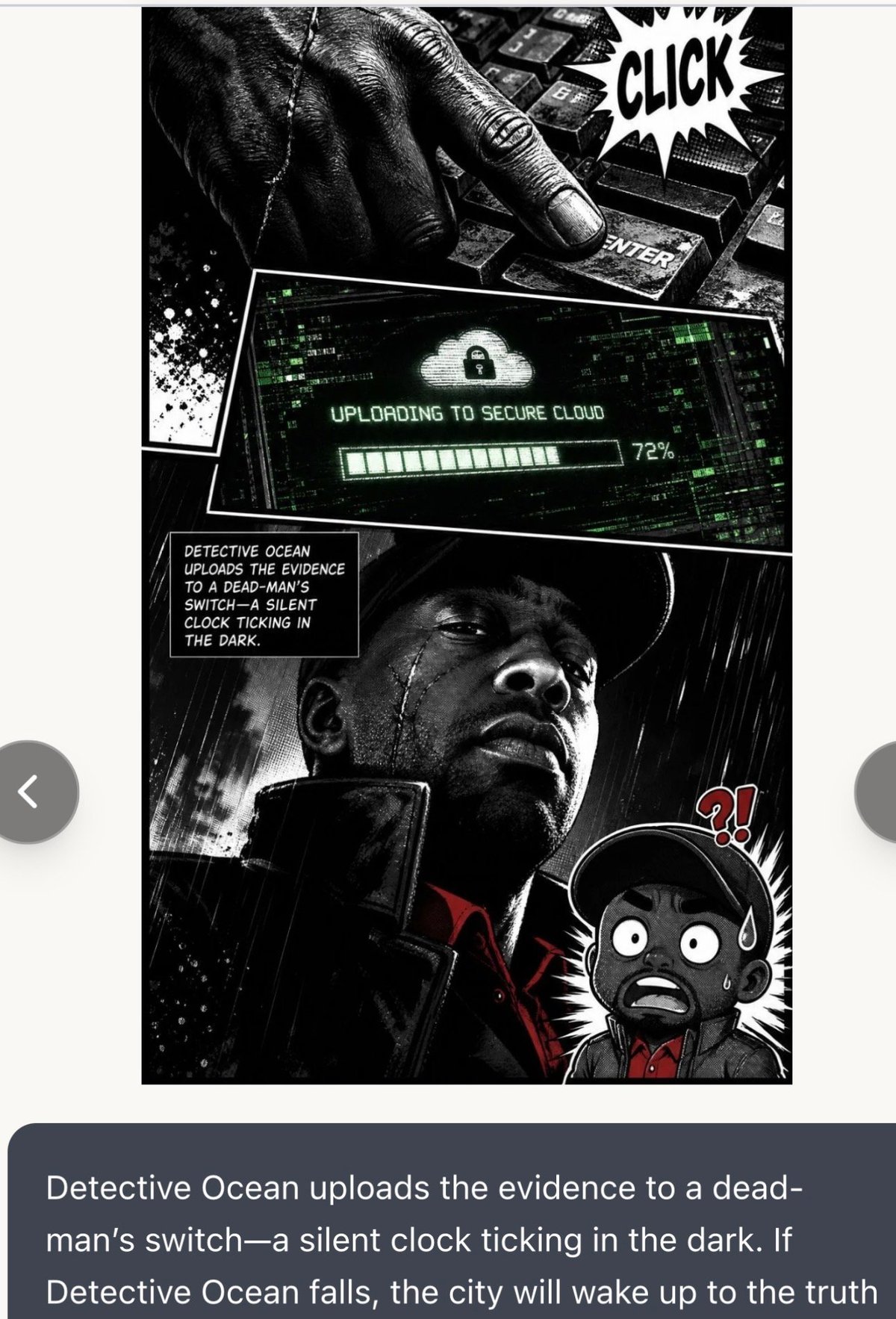 Black and white comic panel showing Detective Ocean uploading evidence to a secure cloud, with progress bar and character artwork