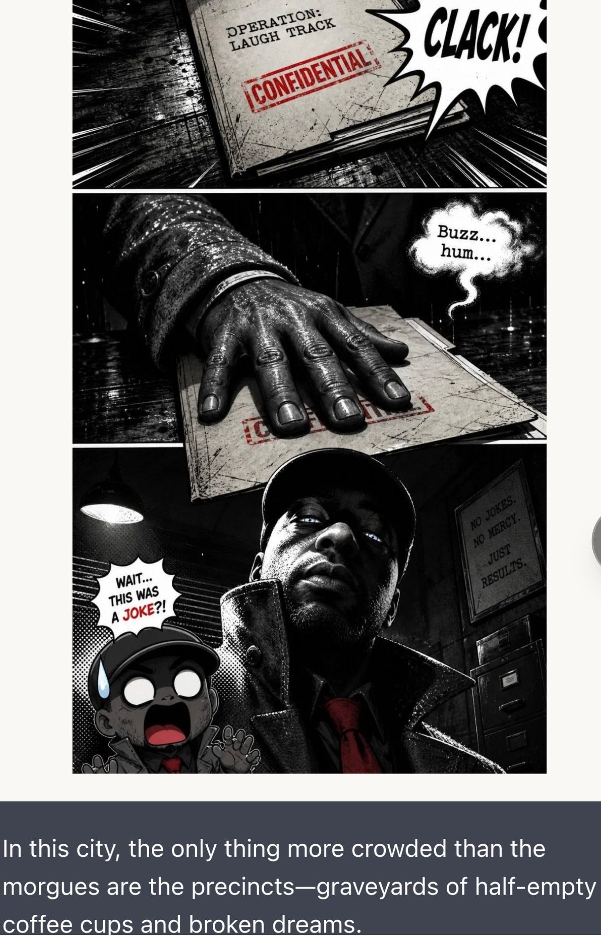 Black and white comic panel showing a confidential operations file being opened with a clack sound, a gloved hand on documents, and a character in shadow reacting with surprise