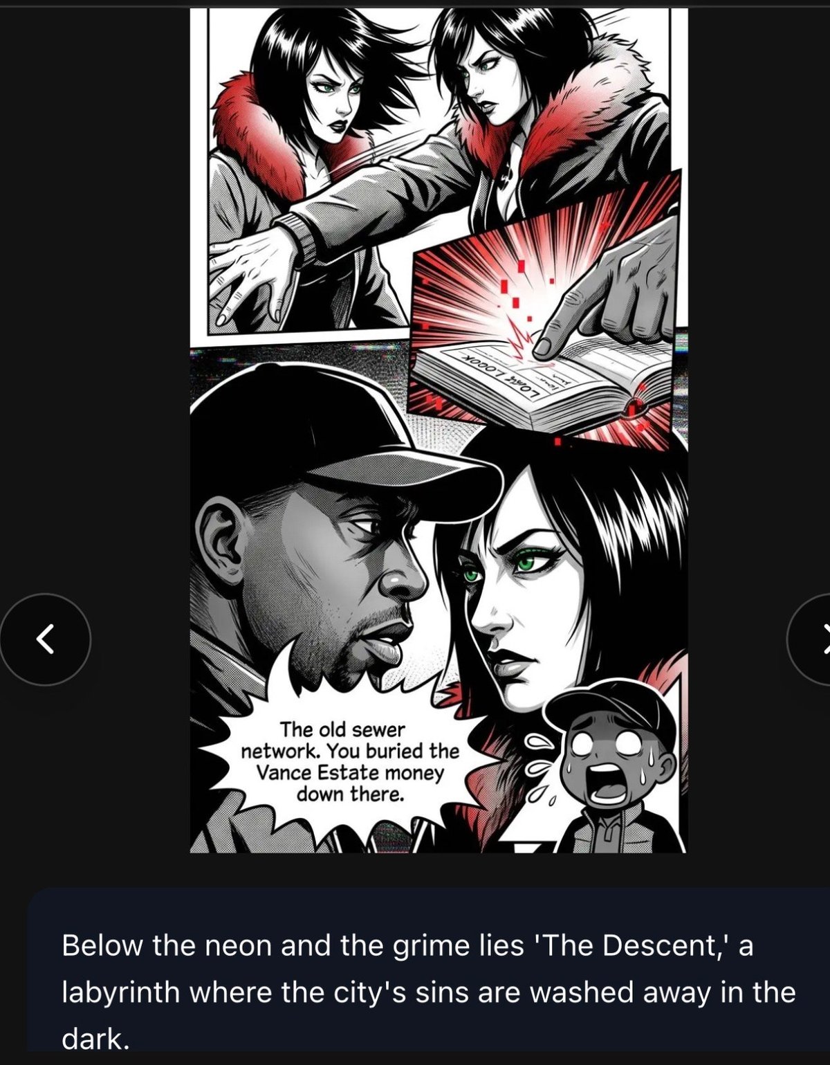 Black and white manga panels showing characters discussing buried money in sewers, with red accent colors and dramatic action scenes