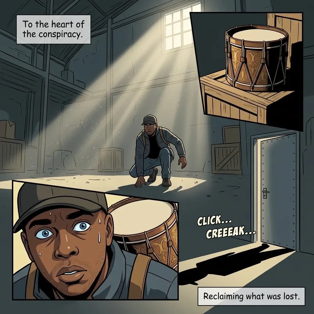 Comic panel showing a man in a warehouse holding a drum, with another figure and text reading To the heart of the conspiracy and Reclaiming what was lost