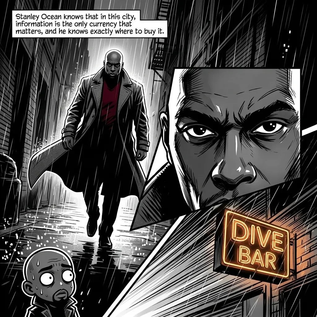 Black and white comic panel showing a man in a coat walking through rain-soaked city streets with a large menacing face looming above and a neon dive bar sign visible