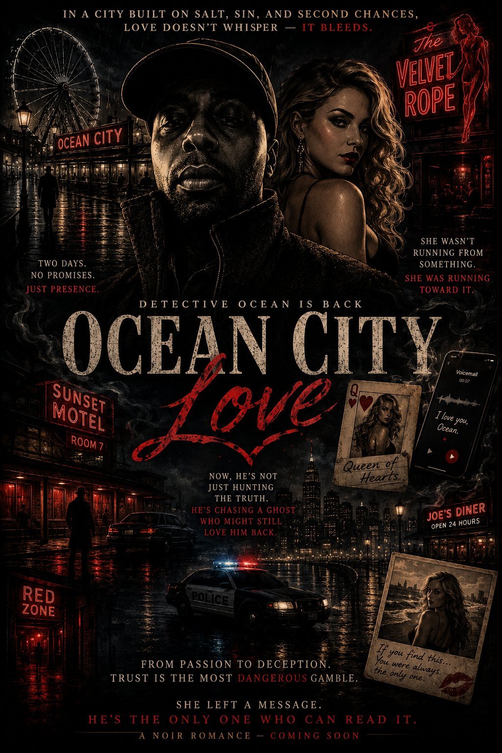 Ocean City Love noir movie poster featuring Detective Ocean and a woman with Ferris wheel, motel, and neon signs in dark atmosphere
