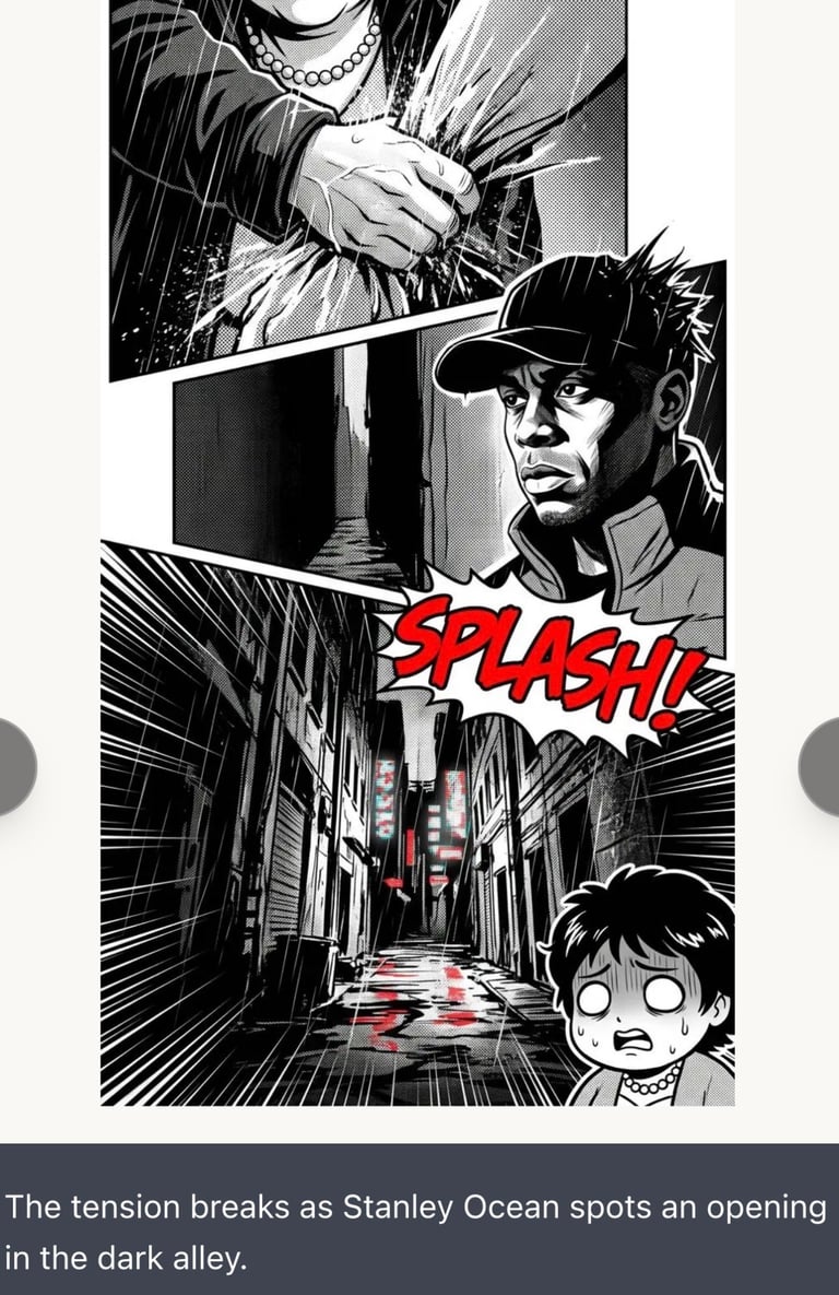 Black and white manga-style panel showing a tense scene in a dark alley with a man in a cap and a shocked character, with red SPLASH text