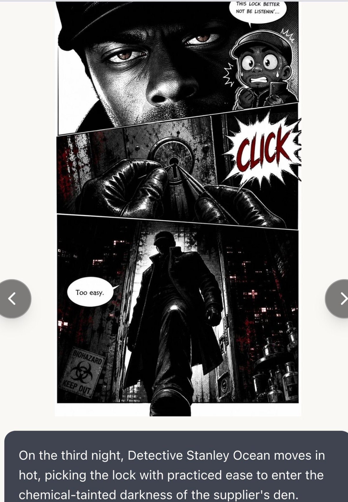 Black and white comic panel showing Detective Stanley Ocean lock-picking a door to enter a dark industrial facility