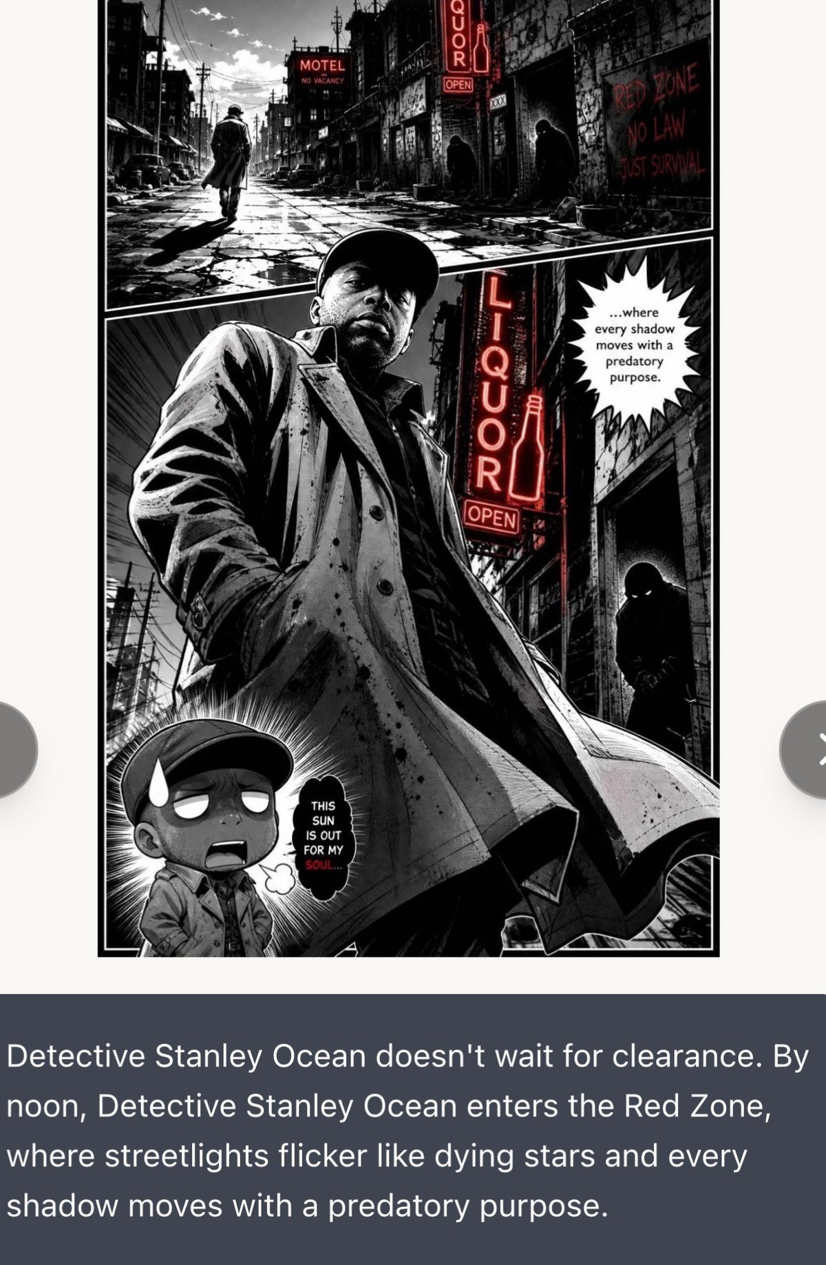Black and white manga page showing Detective Stanley Ocean entering a neon-lit urban street with motel signs in a noir setting