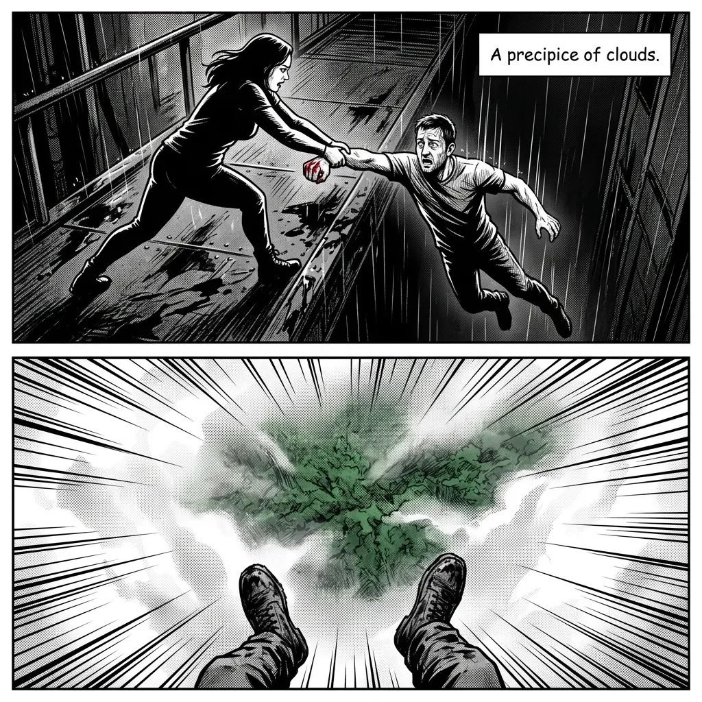 Black and white comic panels: top shows two people passing a sphere on a rooftop in rain; bottom shows a first-person view of boots suspended above green clouds