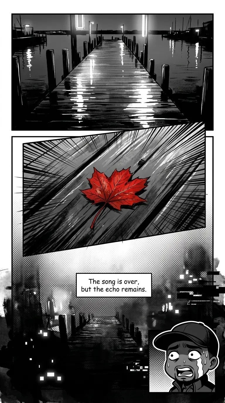 Black and white comic panel showing a wet wooden dock, a red maple leaf, and a silhouette cityscape with text The song is over, but the echo remains